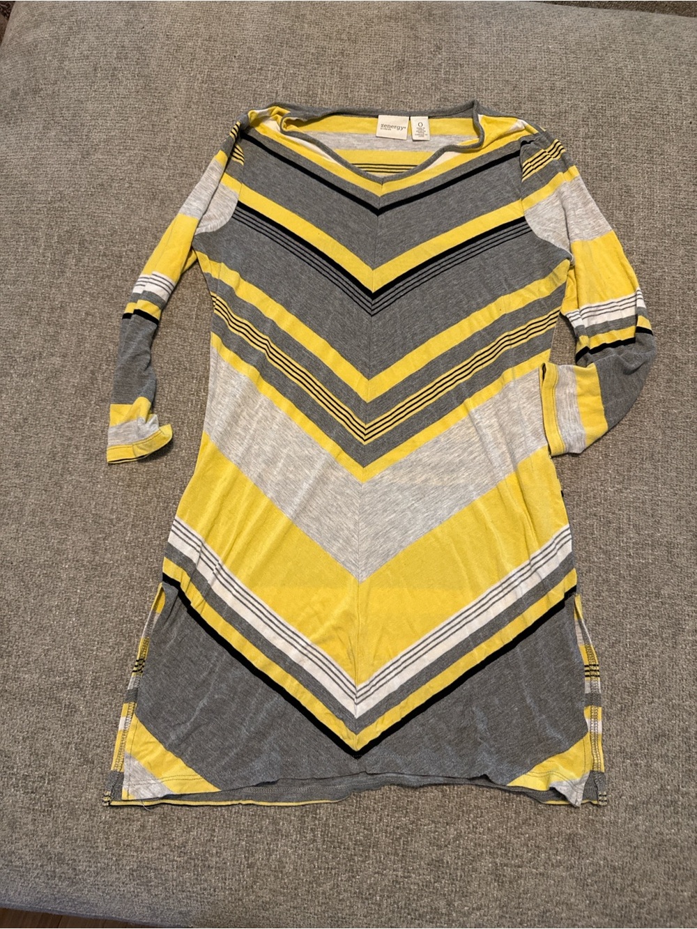 Chico’s Zenergy Chevron Stripe Tunic Dress Gray Yellow Black Size 0